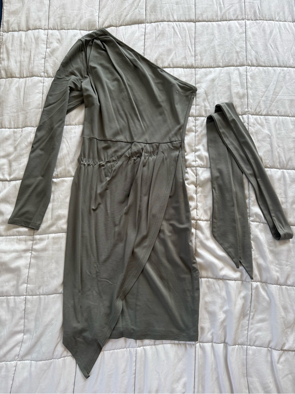 One-Shoulder Asymmetrical Wrap Dress in Olive